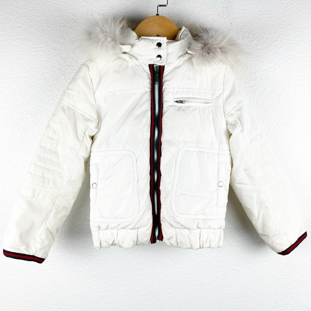 Gucci Kids White Down Puffer Winter Jacket With Removable Fox Fur Hood Size 6